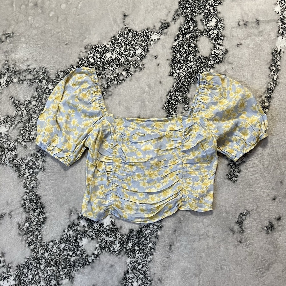 Sophie Rue Shirt Womens‎ Sz M Floral Daisy Crop Puff Sleeve Smocked Blue Yellow